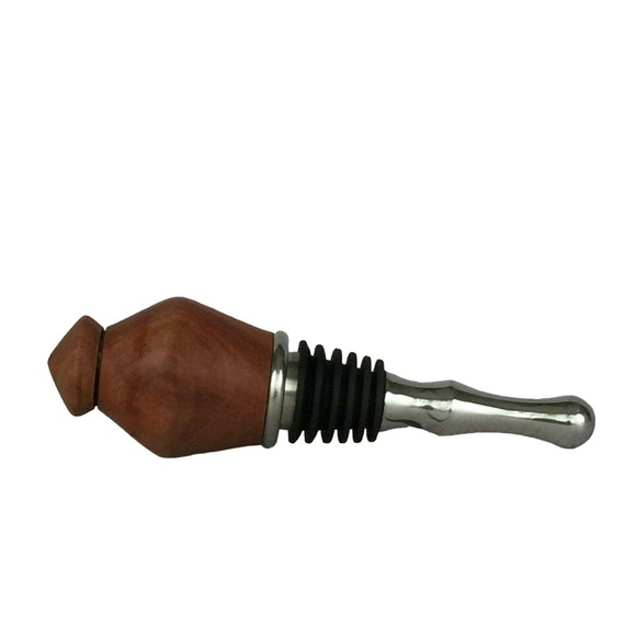 Wood Turned Handcrafted Wine Bottle Stopper Rubber Silver Tone Metal New - Picture 4 of 7
